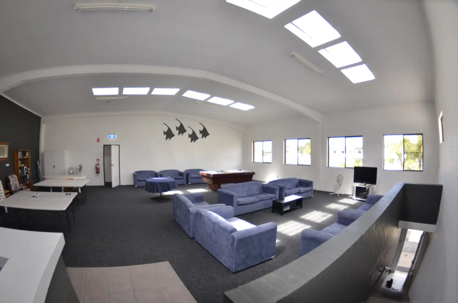 Blue sectional sofas arranged in a lounge configuration.