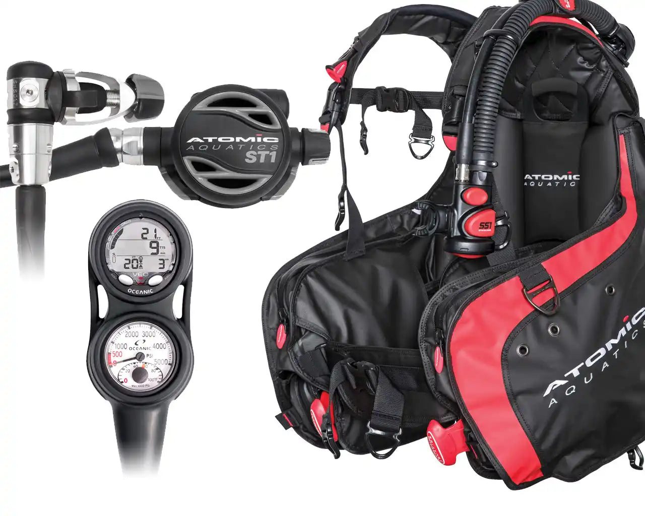 Black and red scuba diving buoyancy compensator (BCD) with attached regulator and pressure gauges.