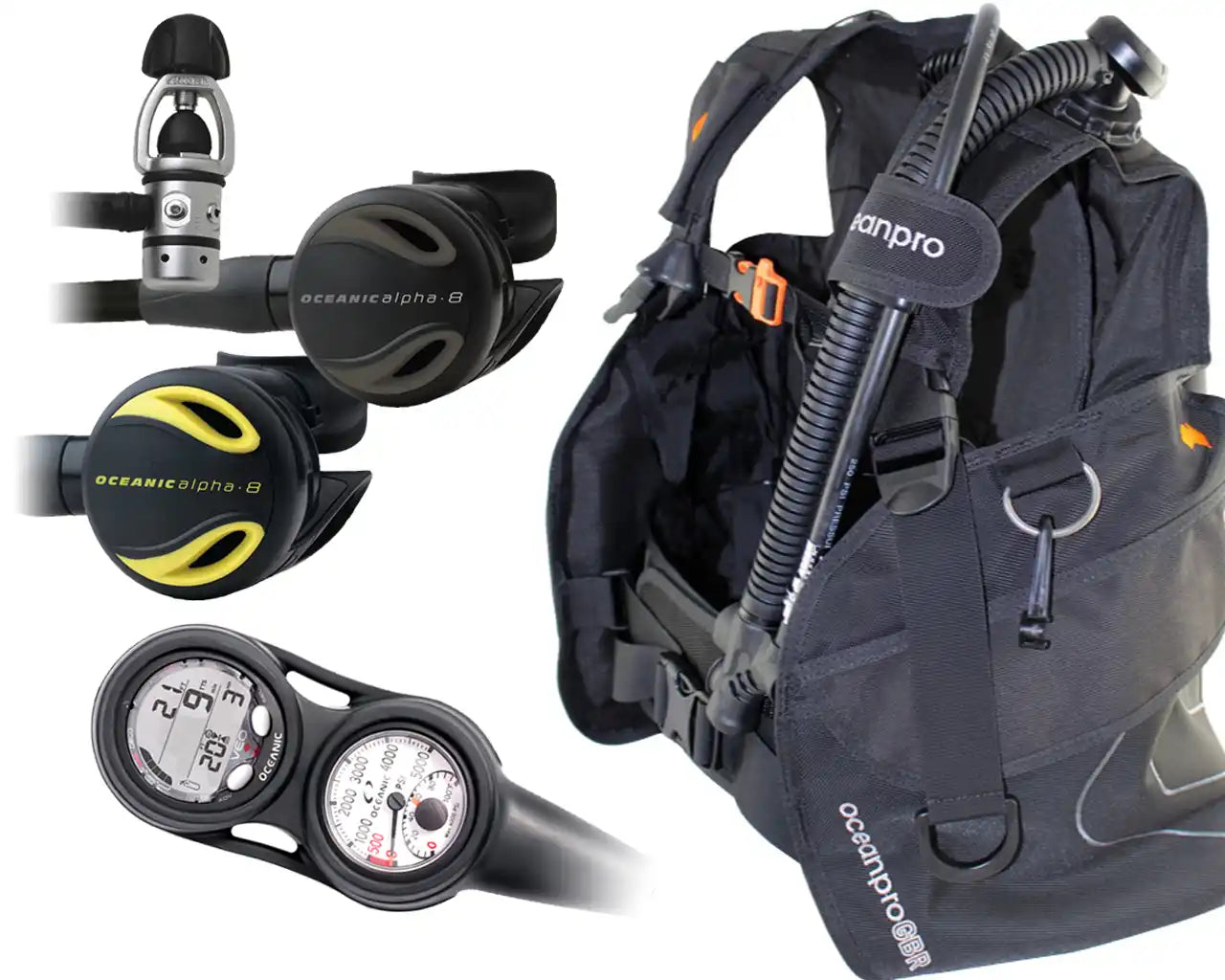 Black scuba diving buoyancy compensator (BCD) with attached regulator and pressure gauges.