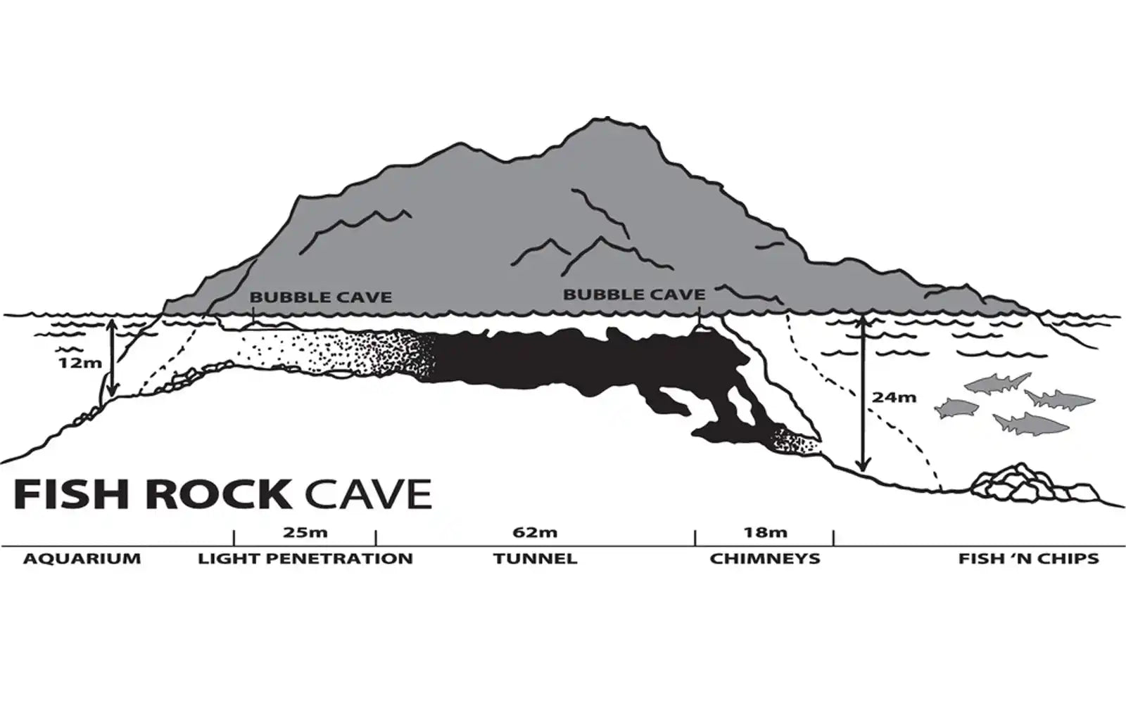 Cross-sectional diagram of Fish Rock Cave showing underwater tunnels and cave features.