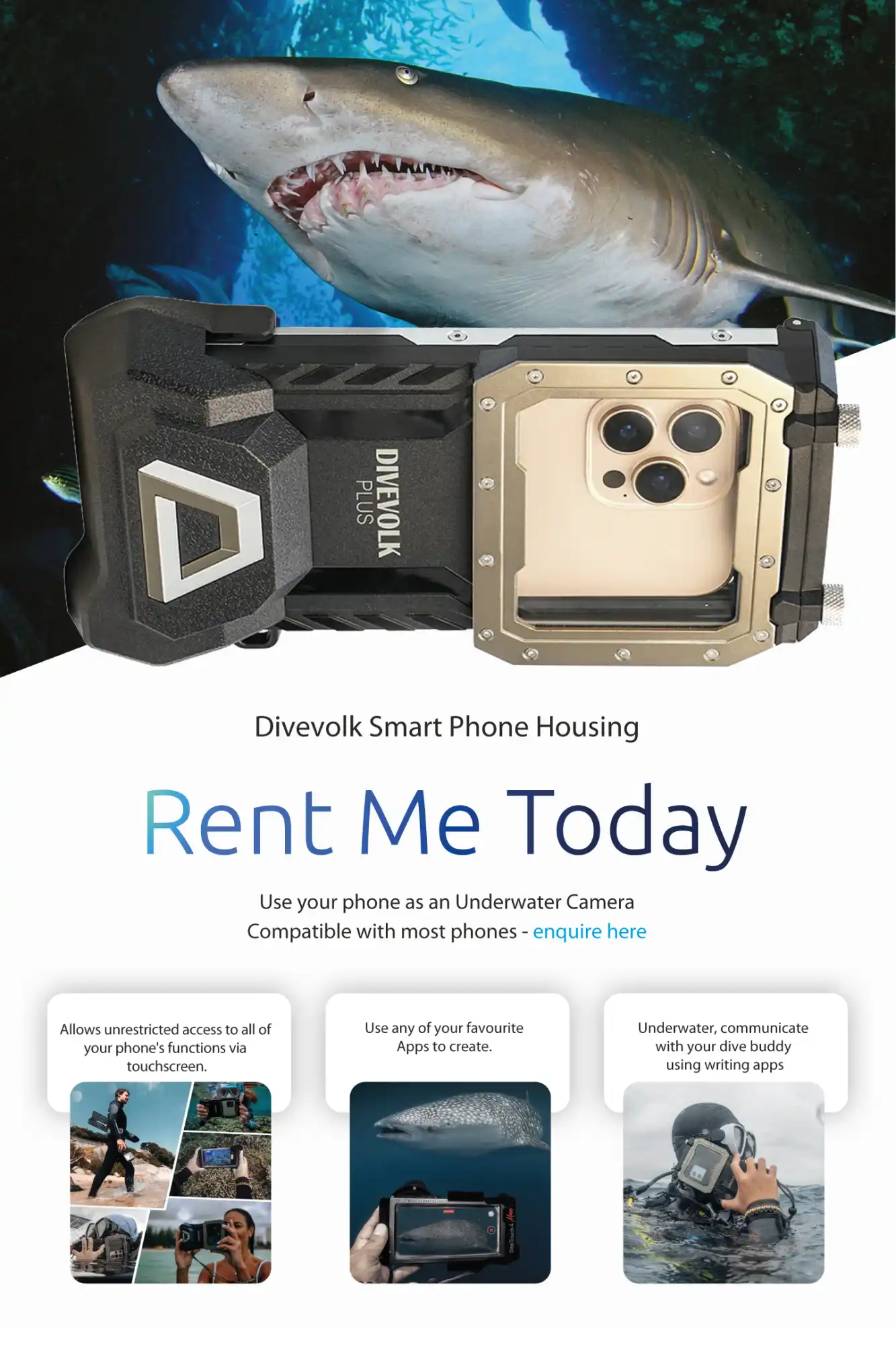 A durable, waterproof housing for a smartphone, designed for underwater photography and communication.