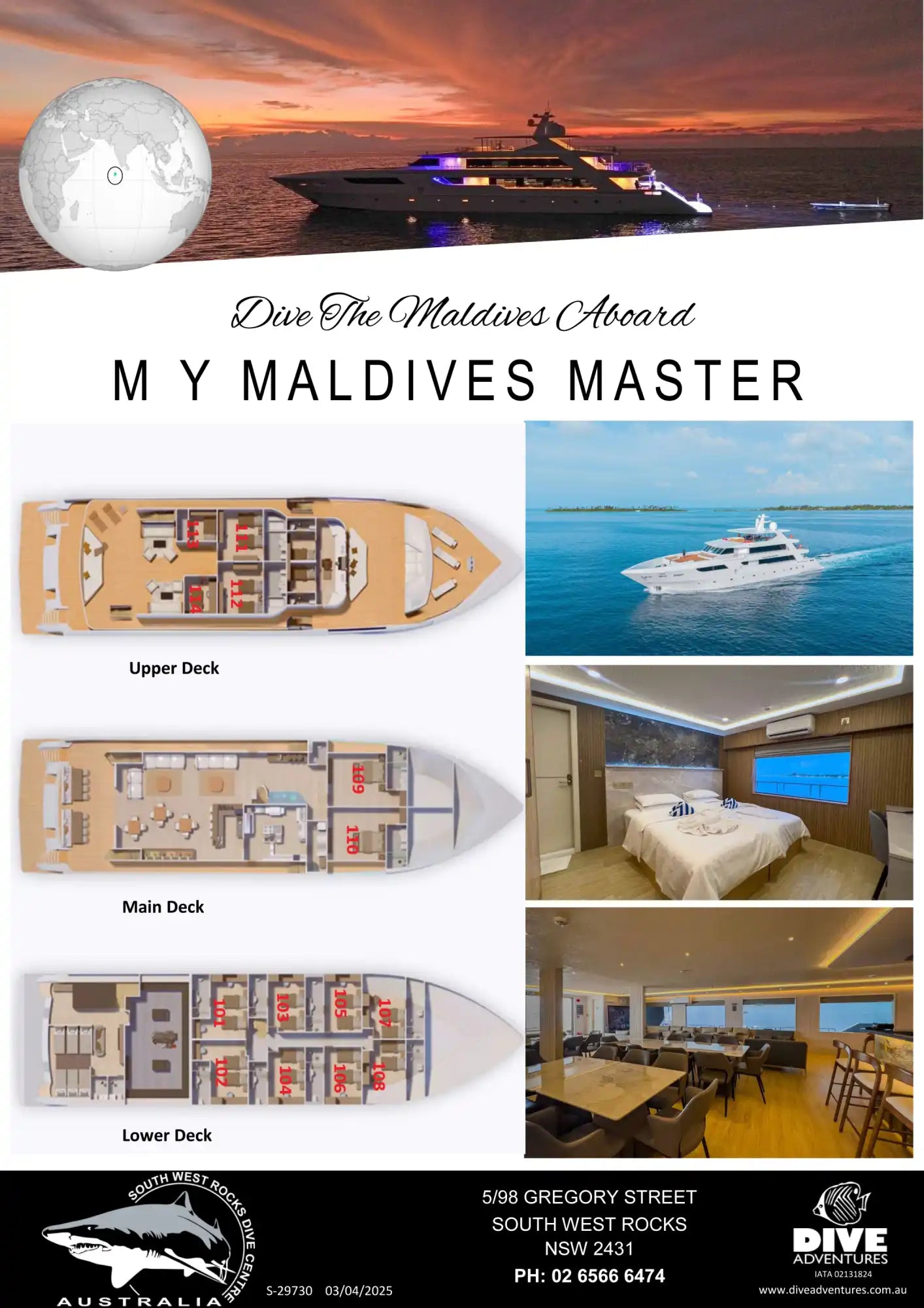 A multi-deck luxury yacht with detailed floor plans and interior views.