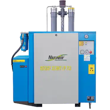 Nuvair industrial air compressor unit with blue and gray housing and filtration components.