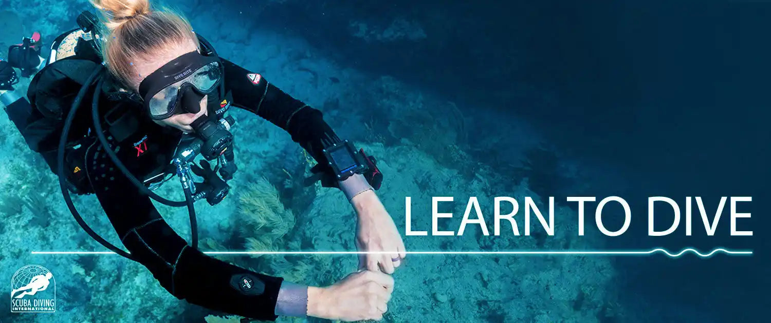 Scuba diver in black wetsuit and diving gear swimming underwater.