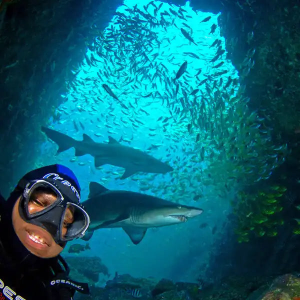 A scuba diver taking a selfie with sharks swimming nearby.